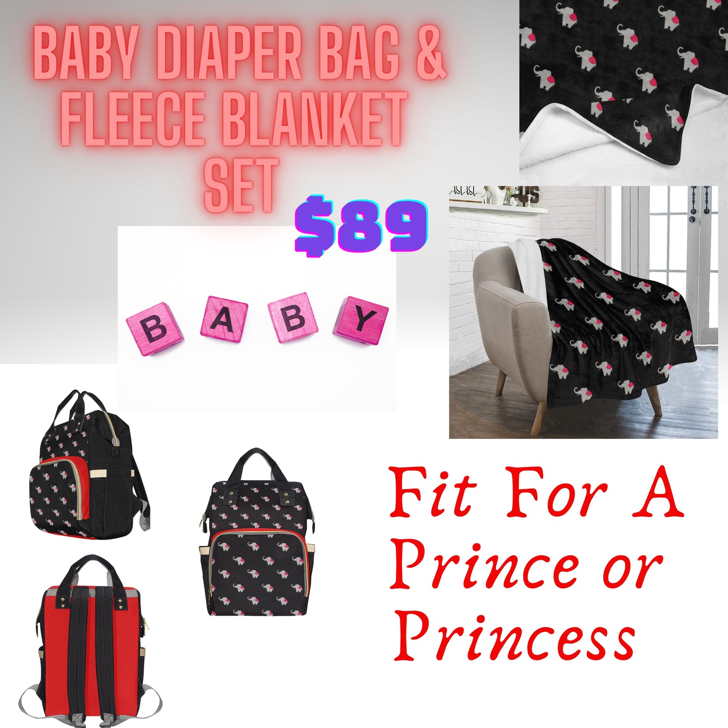 Baby Diaper Bag and Fleece Blanket Set